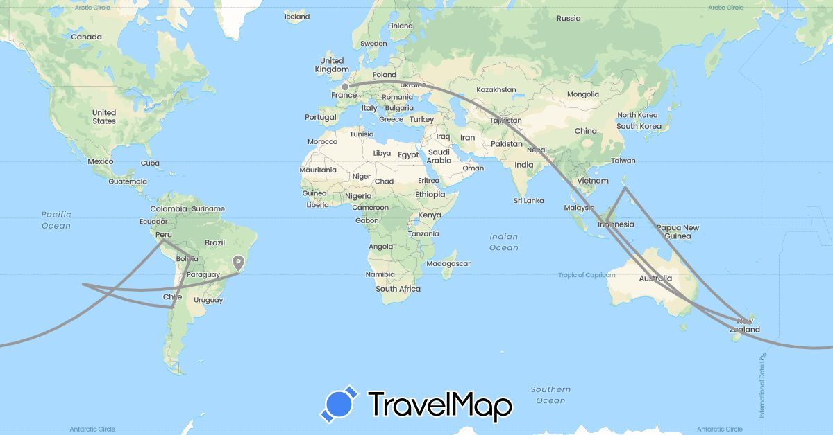TravelMap itinerary: driving, plane in Australia, Bolivia, Brazil, Chile, France, Indonesia, New Zealand, Peru, Philippines (Asia, Europe, Oceania, South America)
